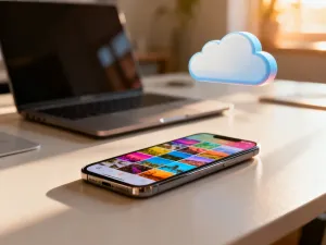 Dłoń trzymająca smartfon z wyświetlonym ekranem logowania do mediów społecznościowych w przytulnym domowym biurze.
