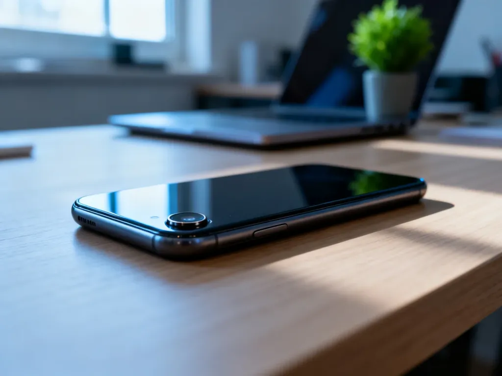 Nowoczesny smartfon leżący na drewnianym biurku w minimalistycznym biurze.