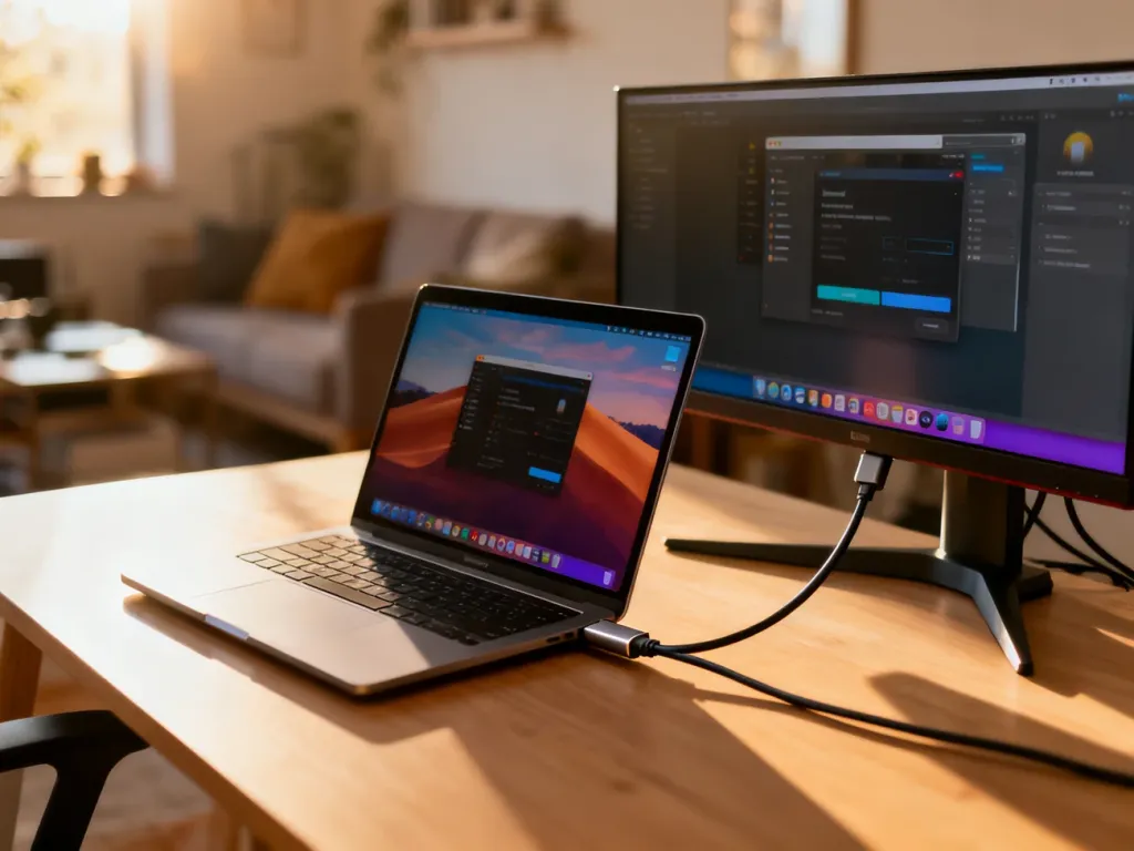 Laptop podłączony do zewnętrznego monitora za pomocą kabla HDMI na minimalistycznym biurku w domowym biurze.