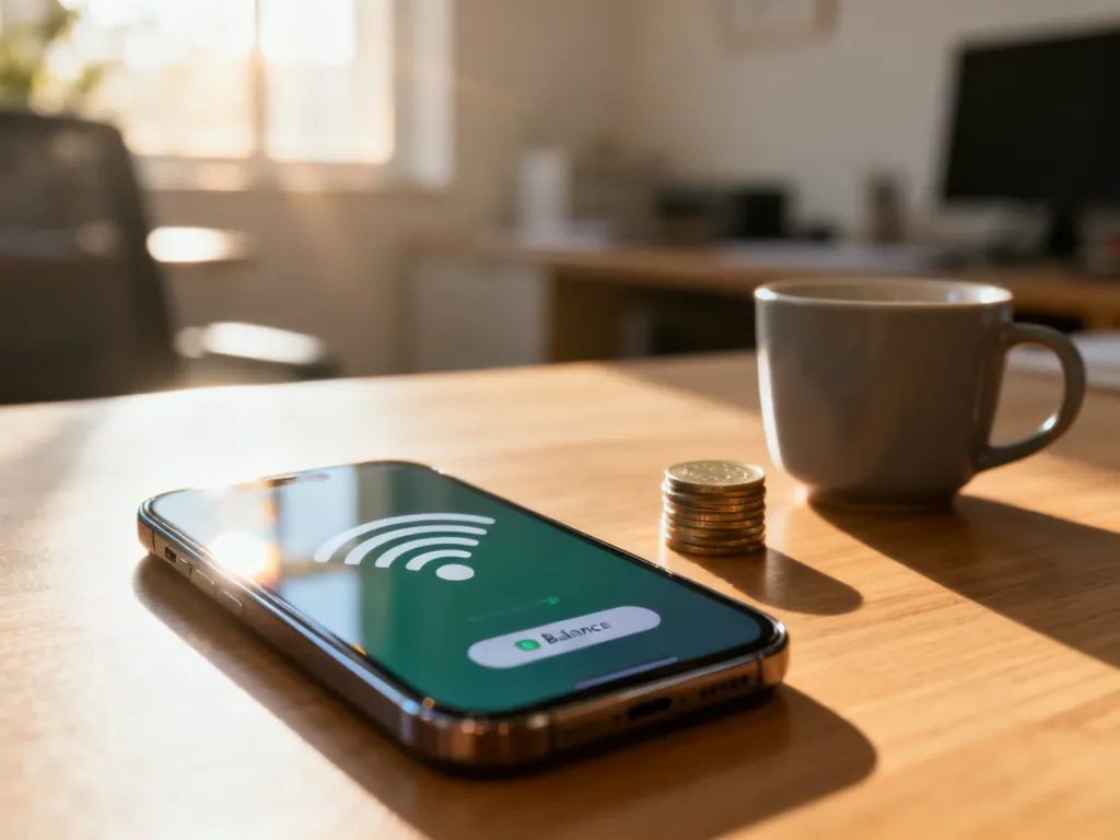 Smartfon z powiadomieniem o stanie konta na drewnianym biurku, symbolizujący zarządzanie środkami na telefonie.