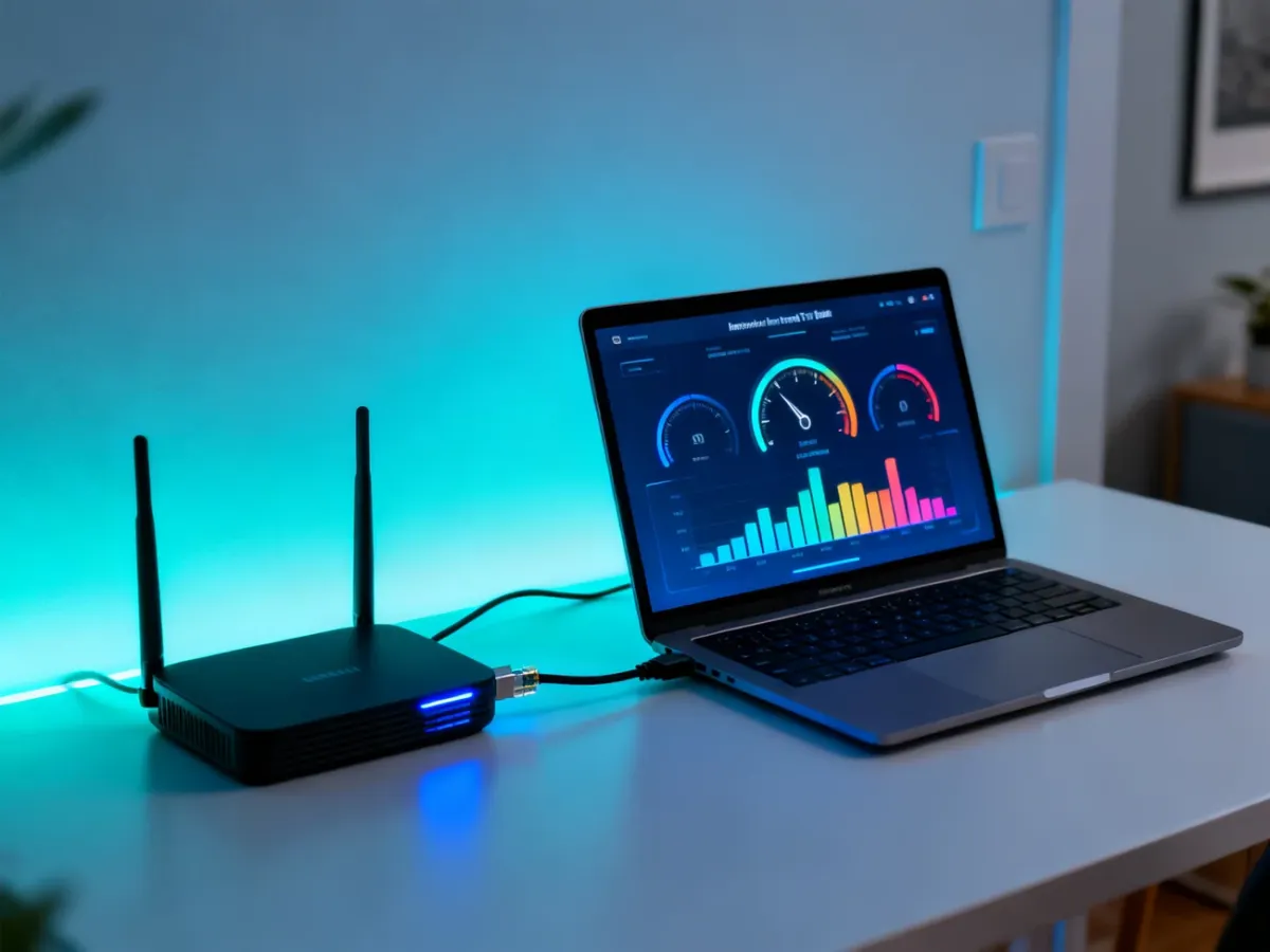 Laptop connected to a router by Ethernet during an internet speed test