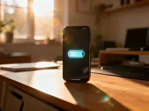 Nowoczesny smartfon z abstrakcyjnym interfejsem na ekranie, symbolizującym aktualizacje oprogramowania na biurku.