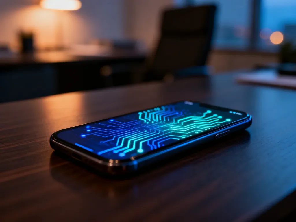 Nowoczesny smartfon z podświetlonym ekranem na biurku, symbolizujący zaawansowaną technologię mobilną.