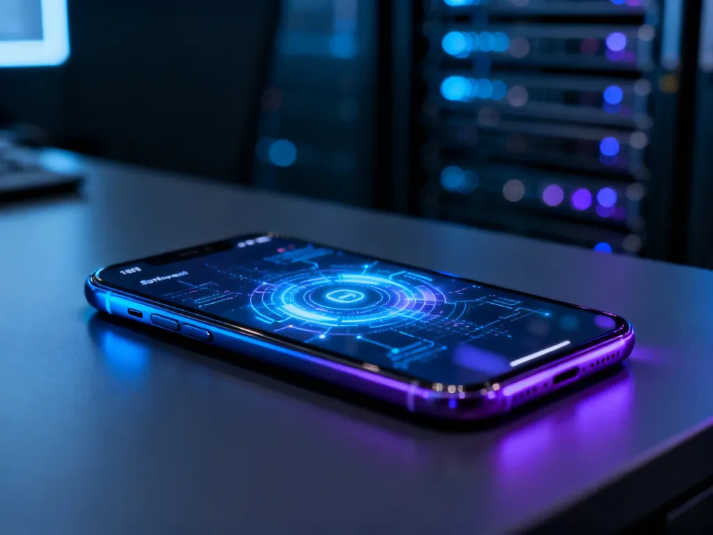 Nowoczesny smartfon z podświetlanym interfejsem na tle serwerowni, symbolizujący proces aktualizacji oprogramowania.