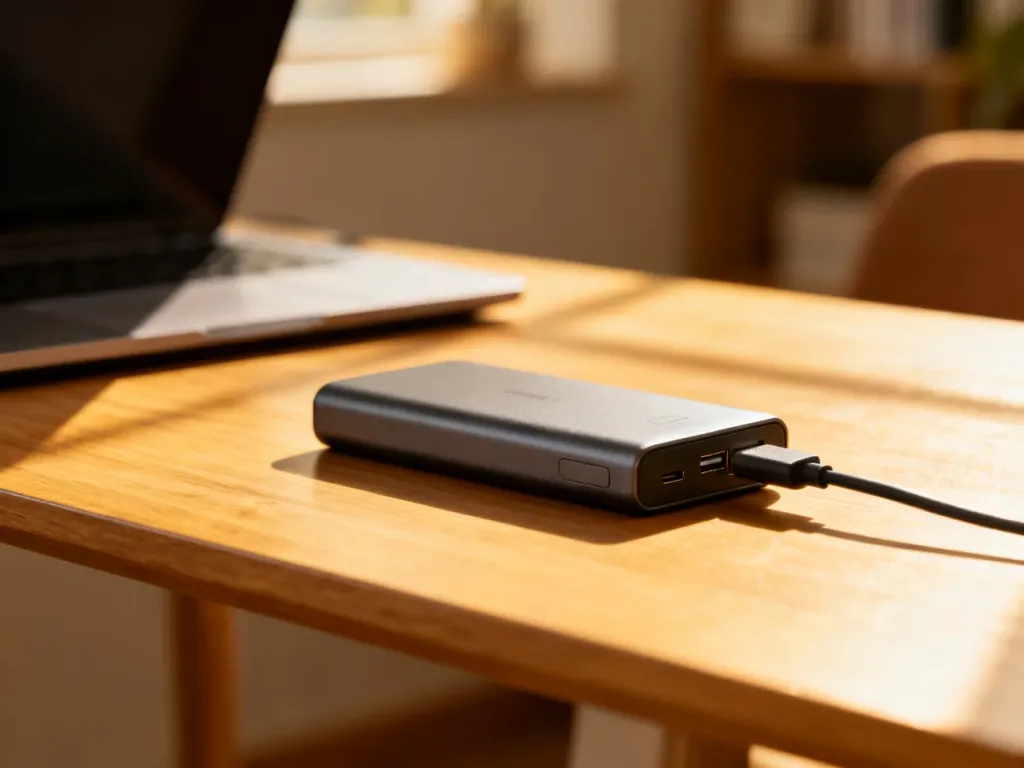Powerbank podłączony do kabla USB-C na drewnianym biurku, gotowy do ładowania w domowym biurze.
