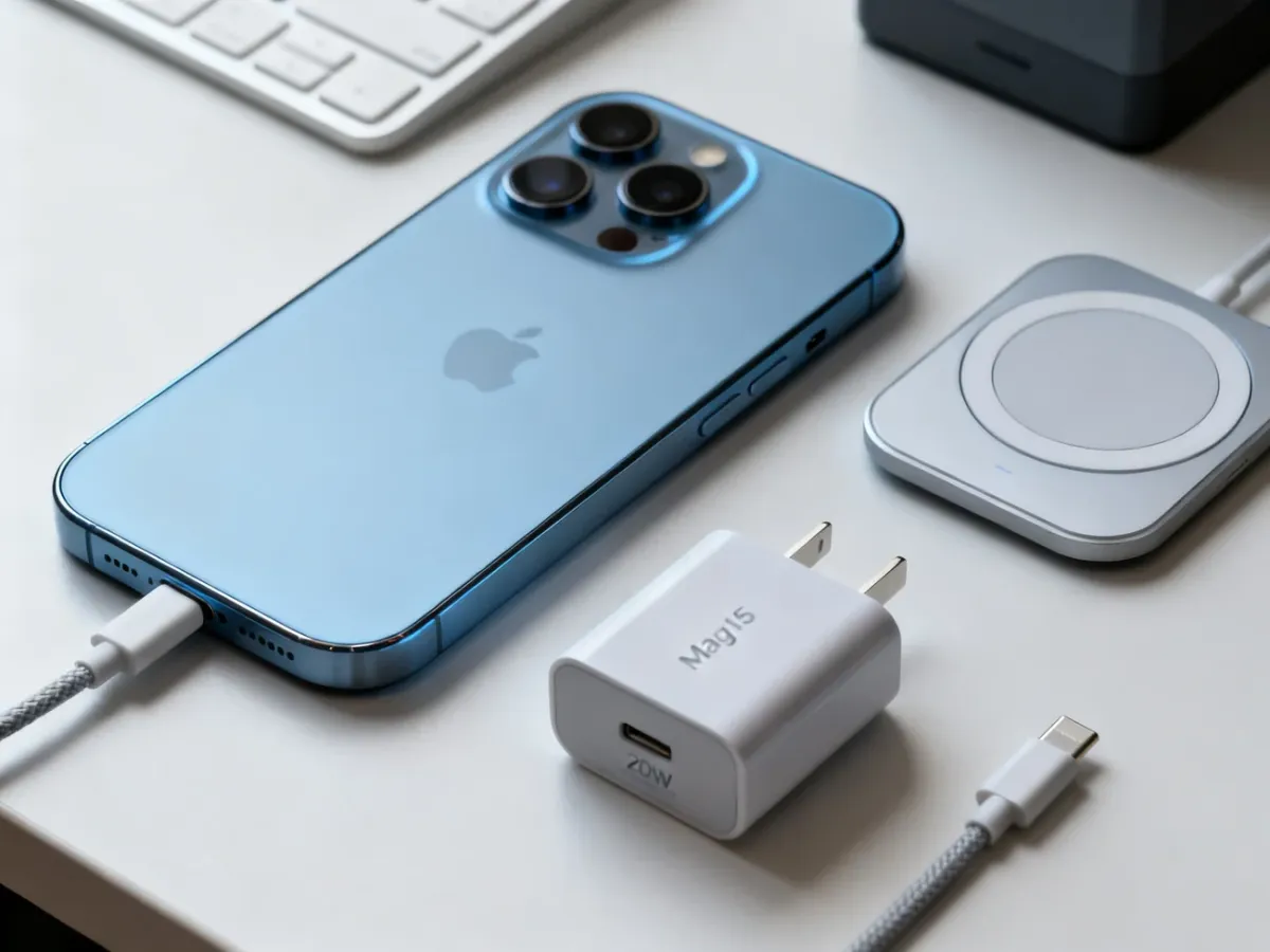 iPhone 15 Pro with wired and wireless charging accessories