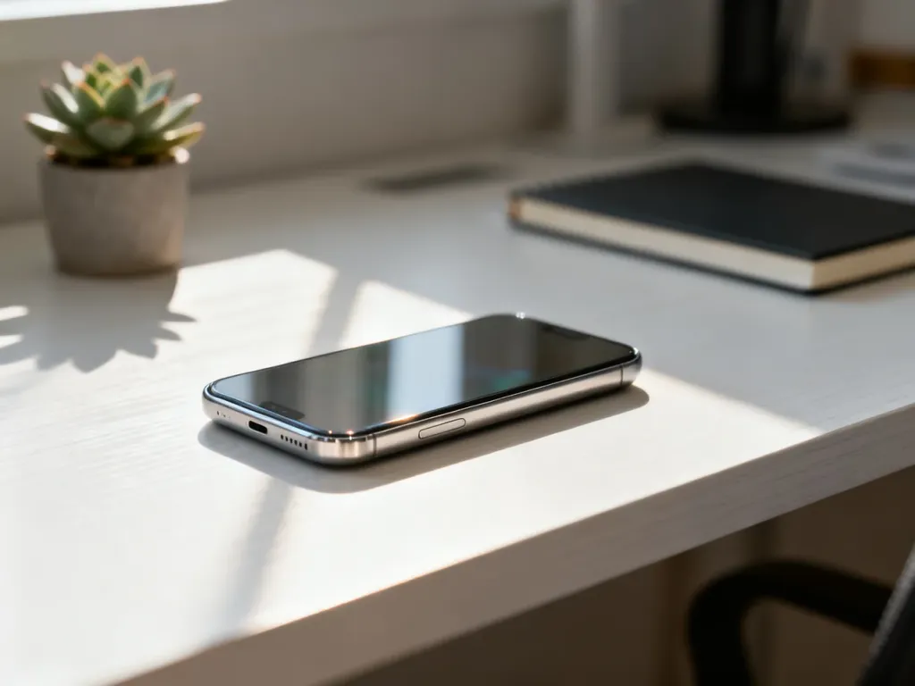 iPhone 11 leżący na minimalistycznym biurku w świetle poranka.