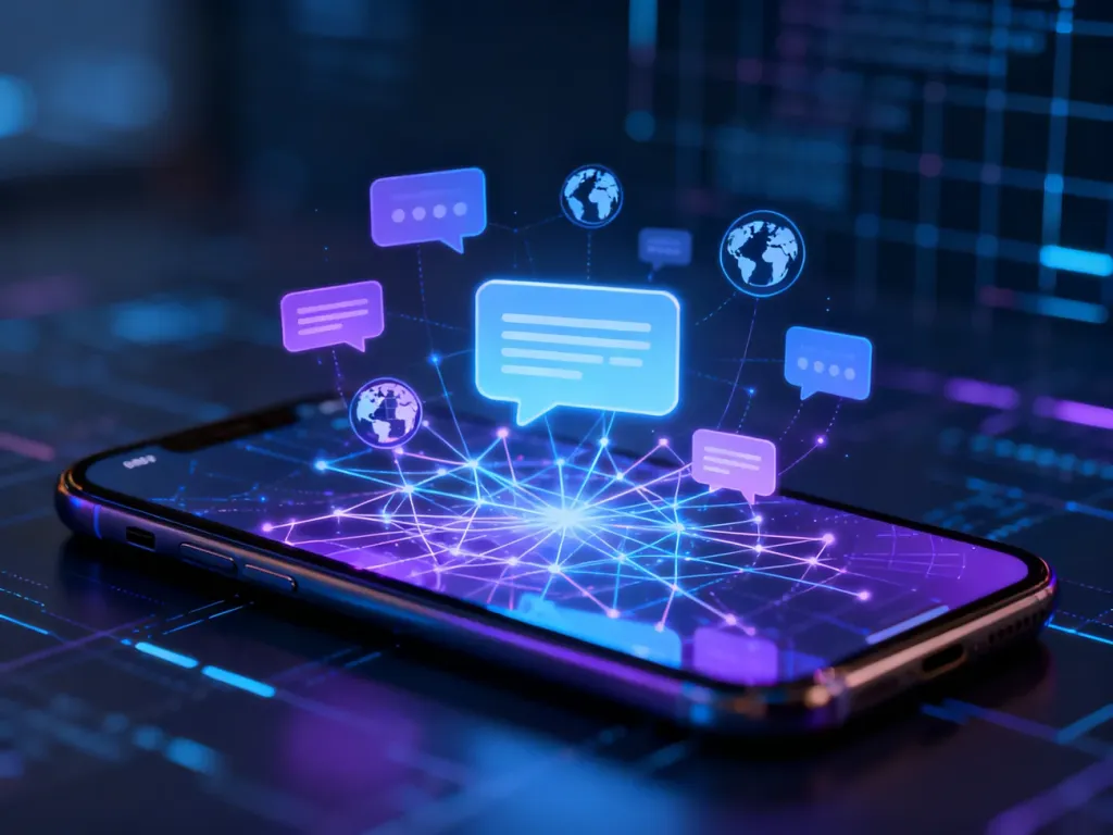 Ekran smartfona z wizualizacją sieci połączonych dymków czatu, symbolizującą globalną komunikację w komunikatorze Messenger.
