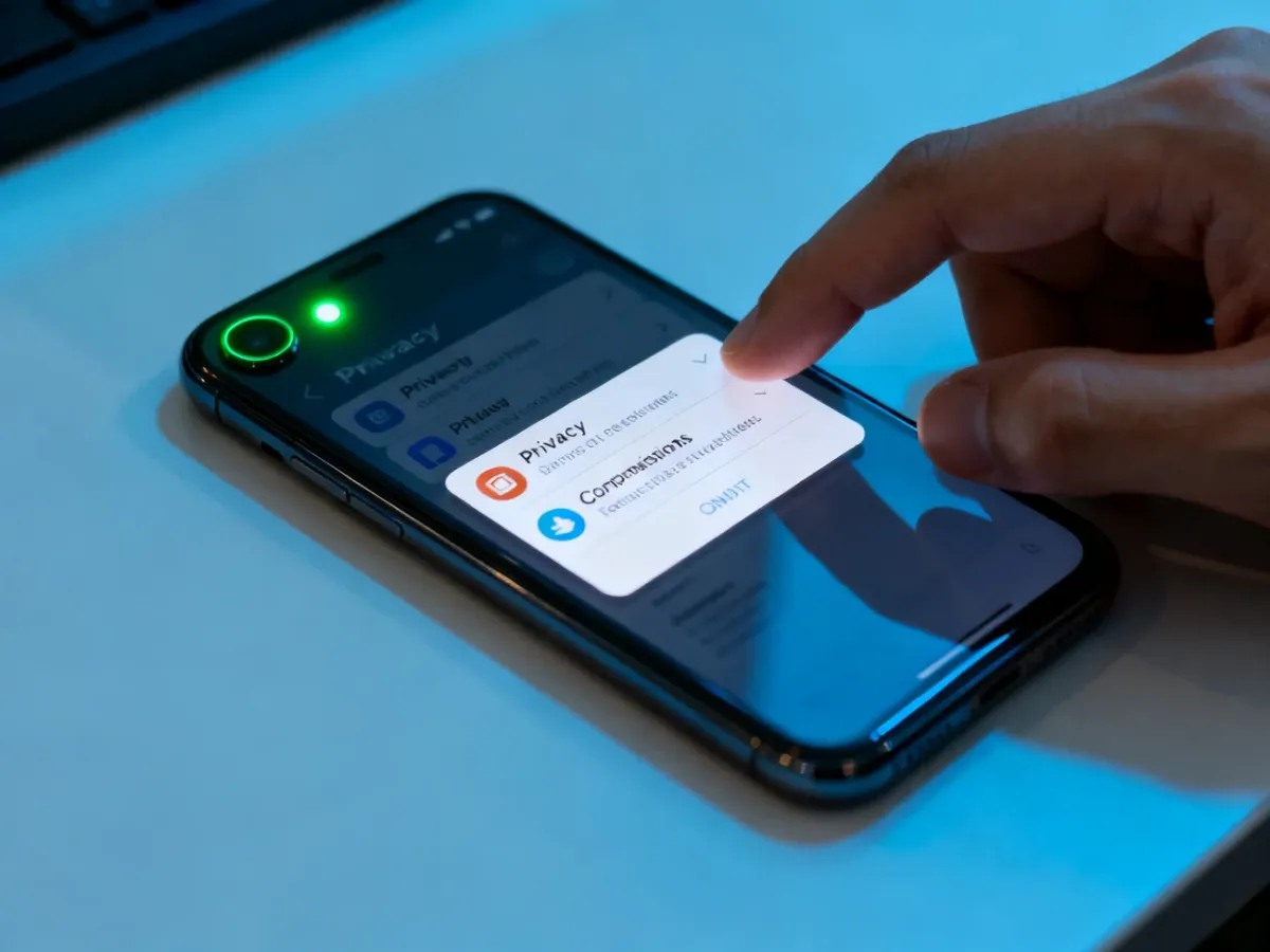 Smartfon z zieloną kropką prywatności i sprawdzaniem uprawnień aplikacji