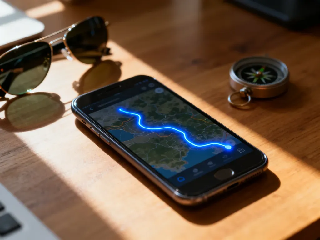 Ekran smartfona z wyznaczoną niebieską trasą w aplikacji mapowej, leżący na biurku w otoczeniu akcesoriów podróżniczych.