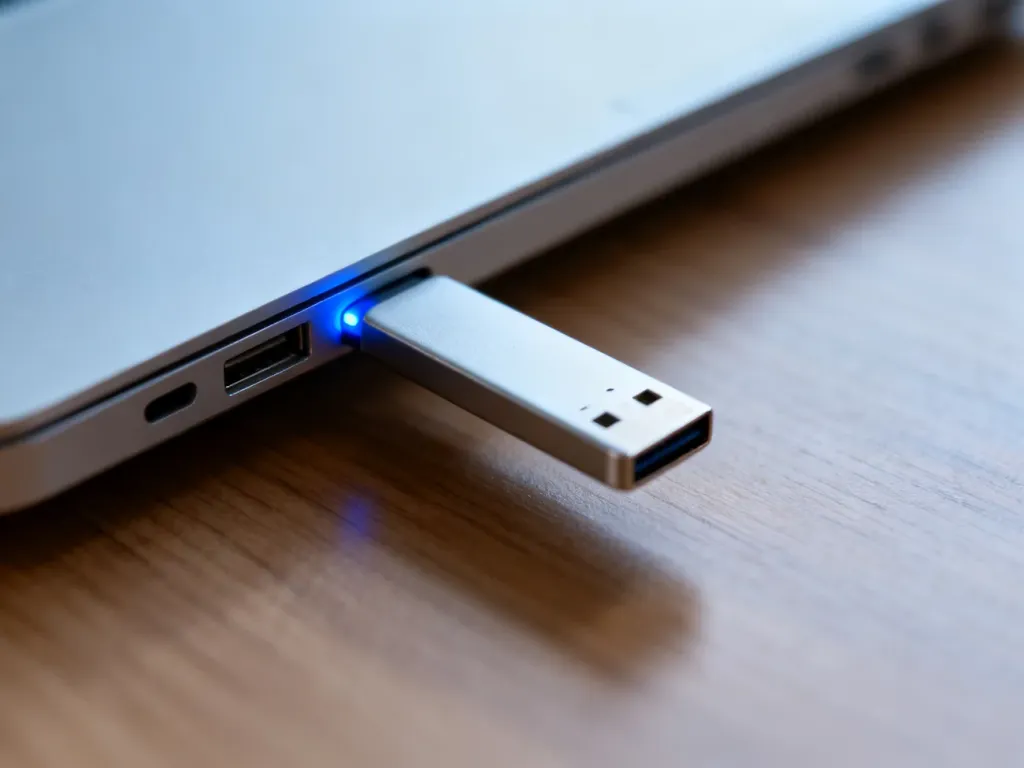 Srebrny pendrive z niebieską diodą wpięty do portu laptopa na tle biurka.