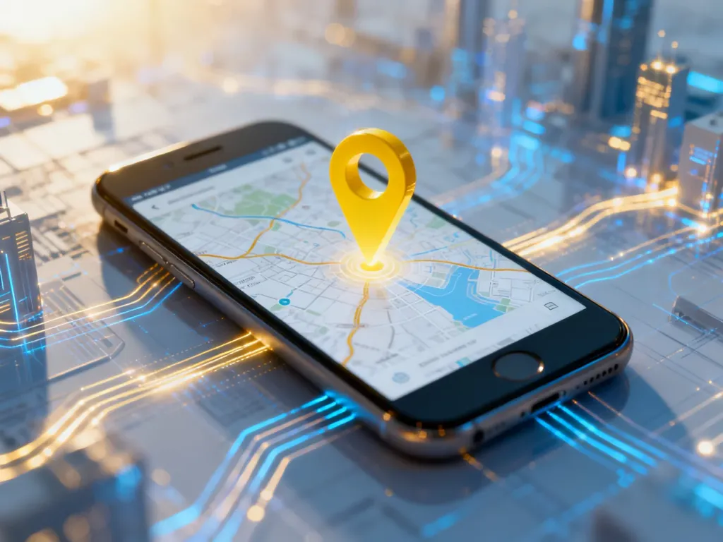 Smartfon z wyświetloną cyfrową mapą i pinezką nawigacyjną na tle nowoczesnego, technologicznego miasta.