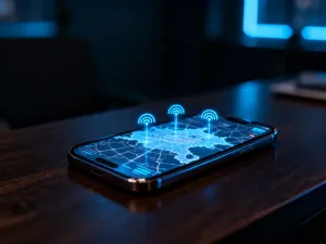 Świecąca ikona tarczy nad ekranem smartfona, symbolizująca bezpieczne przeglądanie internetu i ochronę danych.