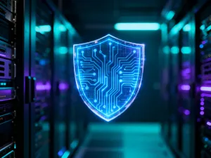 Nowoczesny router bezprzewodowy na drewnianym biurku w biurowym wnętrzu z klimatycznym oświetleniem LED.