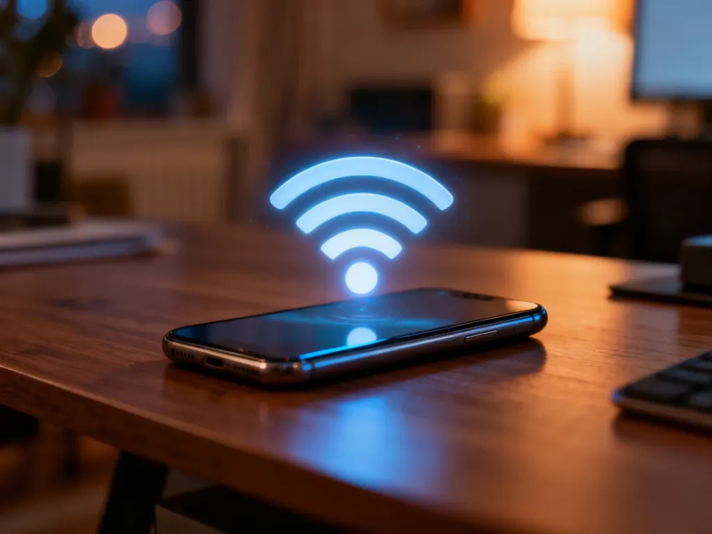 Nowoczesny smartfon na biurku z hologramem symbolu Wi-Fi, ilustrujący działanie technologii WiFi Calling.
