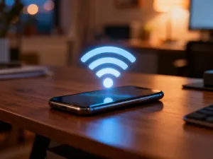 Nowoczesny iPhone 13 leżący na minimalistycznym drewnianym biurku w świetle poranka.