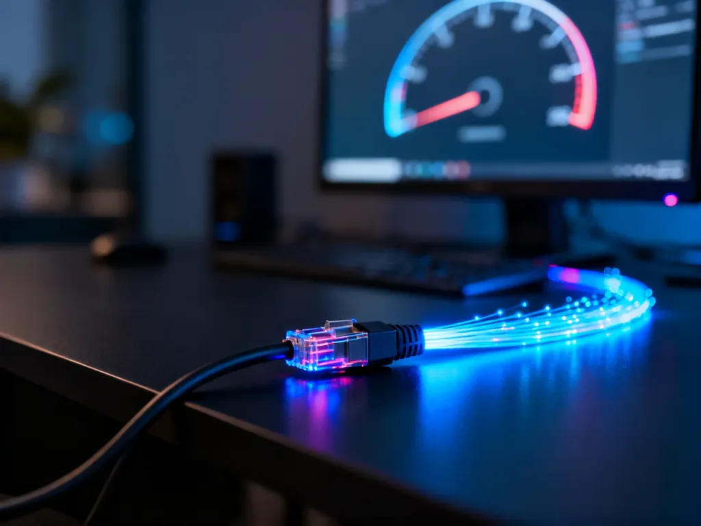 Światłowodowy kabel z pulsującym niebieskim światłem na tle monitora z grafiką prędkości łącza internetowego.