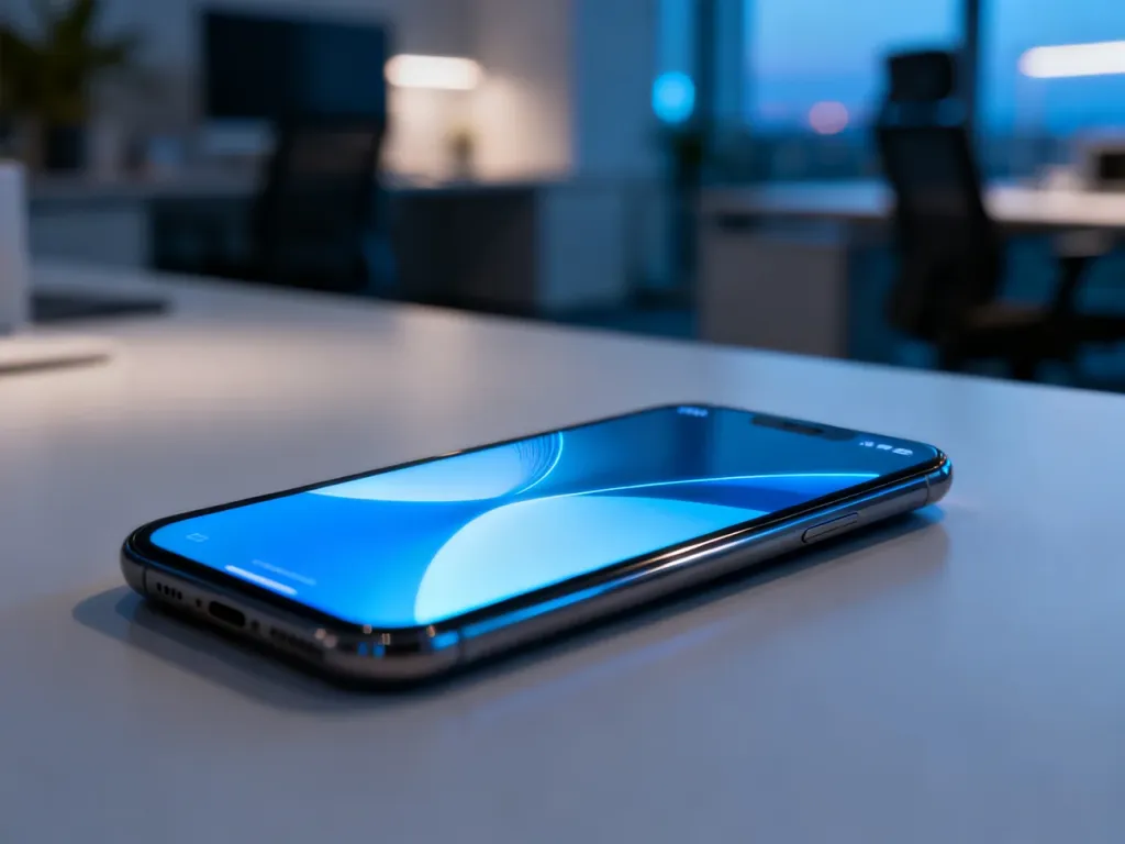 Nowoczesny smartfon z podświetlanym interfejsem leżący na minimalistycznym biurku w biurowym otoczeniu.