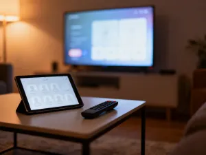 Klawiatura nowoczesnego laptopa z widocznym klawiszem Windows oraz rozmyte menu ustawień systemu w tle.