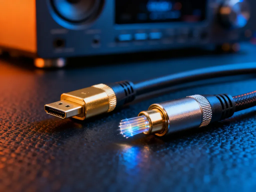 Złocony kabel HDMI oraz przewód optyczny leżące obok siebie na ciemnym tle, gotowe do podłączenia sprzętu audio.
