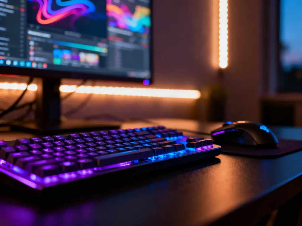 Nowoczesne stanowisko gamingowe z podświetlaną klawiaturą i monitorem wyświetlającym interfejs platformy streamingowej.