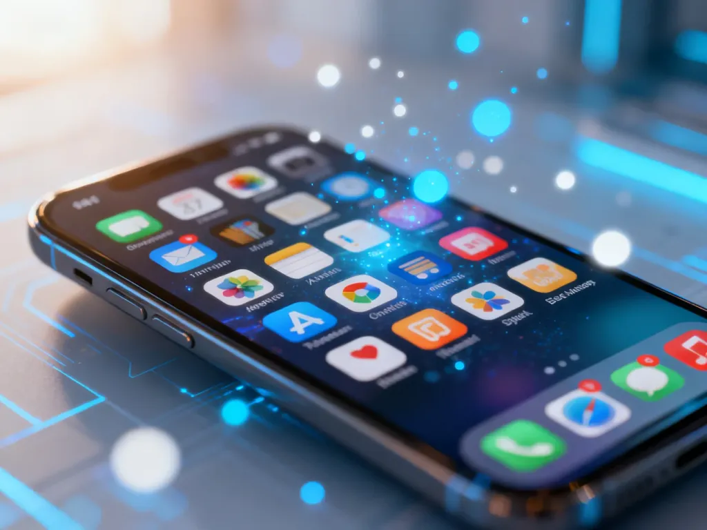 Ekran nowoczesnego smartfona z siatką kolorowych ikon aplikacji na rozmytym, technologicznym tle.