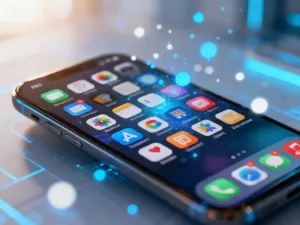 Smartfon z wyświetloną tablicą inspiracji na ekranie, leżący na drewnianym biurku w przytulnym domowym biurze.