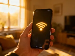 Ekran smartfona z ikoną cyfrowej tarczy bezpieczeństwa na drewnianym biurku, symbolizujący ochronę dzieci w internecie.