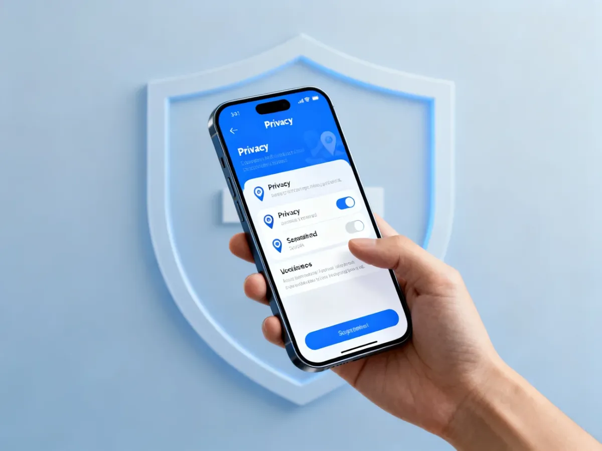 Smartfon z ustawieniami prywatności i uprawnień lokalizacji