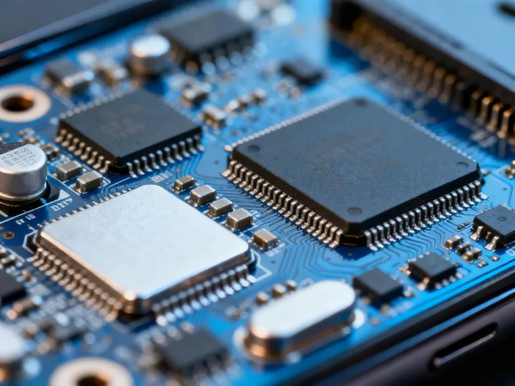 Zbliżenie na podzespoły płyty głównej smartfona, podkreślające zaawansowane technologicznie układy pamięci RAM.