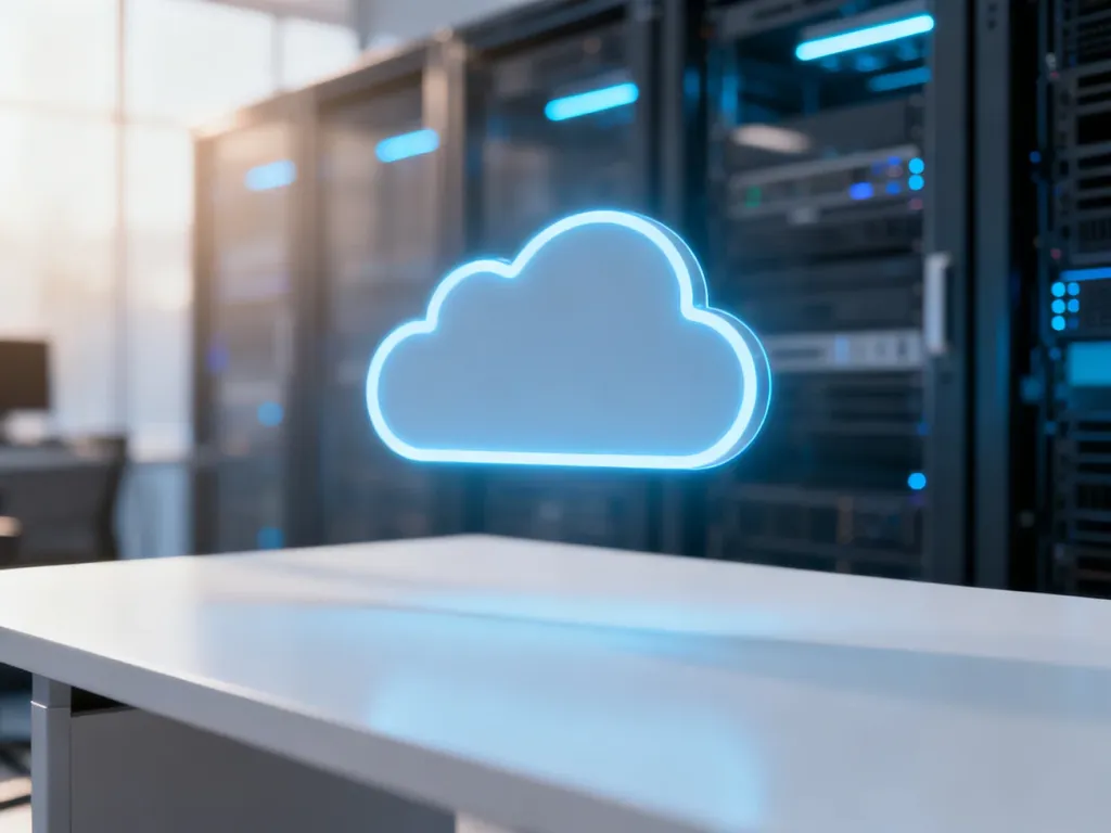 Minimalistyczne biurko z unoszącą się ikoną chmury, symbolizującą technologię przechowywania danych w chmurze iCloud.