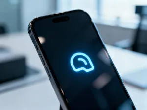 Smartfon z włączoną nawigacją zamontowany na desce rozdzielczej samochodu na tle miejskiej ulicy o zachodzie słońca.