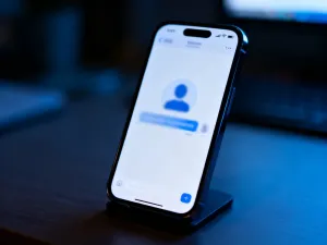 iPhone 15 Pro leżący na drewnianym biurku obok bezprzewodowej ładowarki w wieczornym oświetleniu.
