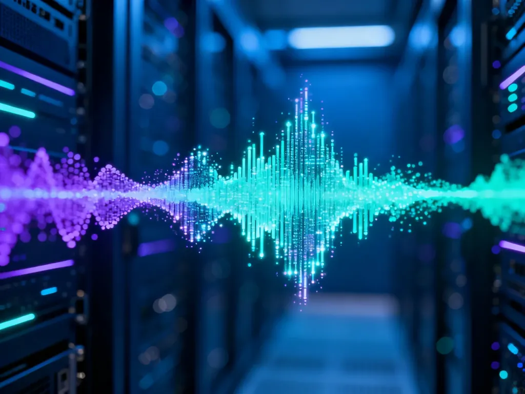 Cyfrowa wizualizacja fali dźwiękowej w serwerowni, symbolizująca zaawansowane technologie rozpoznawania i syntezy mowy.
