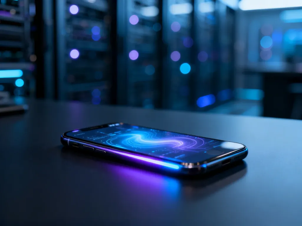Nowoczesny smartfon z podświetlanym interfejsem na ciemnym biurku, symbolizujący zaawansowane technologie mobilne.