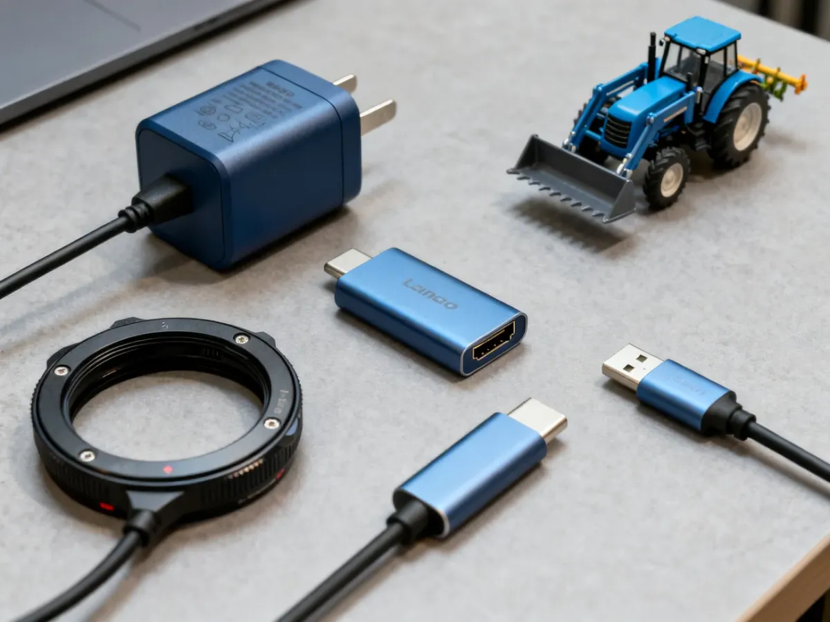 Różne rodzaje adapterów do urządzeń elektronicznych, fotografii i maszyn rolniczych