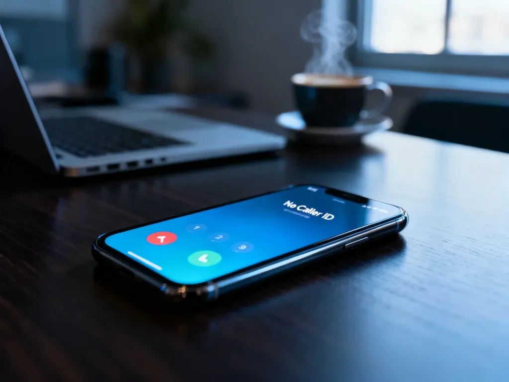 Smartfon na biurku wyświetlający połączenie przychodzące z ukrytym numerem telefonu.