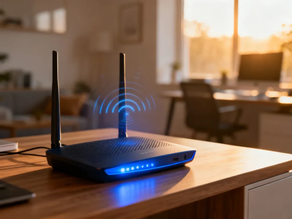 Nowoczesny router WiFi na biurku z delikatną poświatą diod i subtelnymi falami radiowymi w tle.