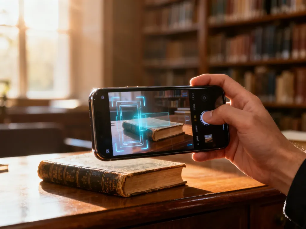 Smartfon skanujący antyczną książkę za pomocą interfejsu Google Lens, ukazujący nowoczesną technologię w praktyce.