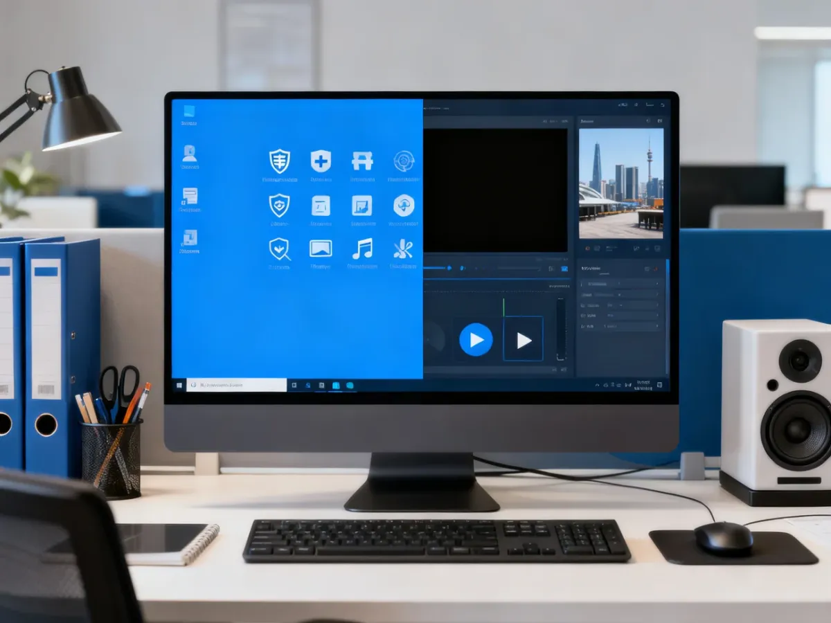 Komputer z systemem Windows przedstawiony jako połączenie funkcji biznesowych i multimedialnych