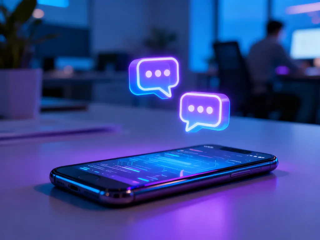 Nowoczesny smartfon z unoszącymi się ikonami komunikatorów w tle minimalistycznego biura w odcieniach niebieskiego i fioletu.