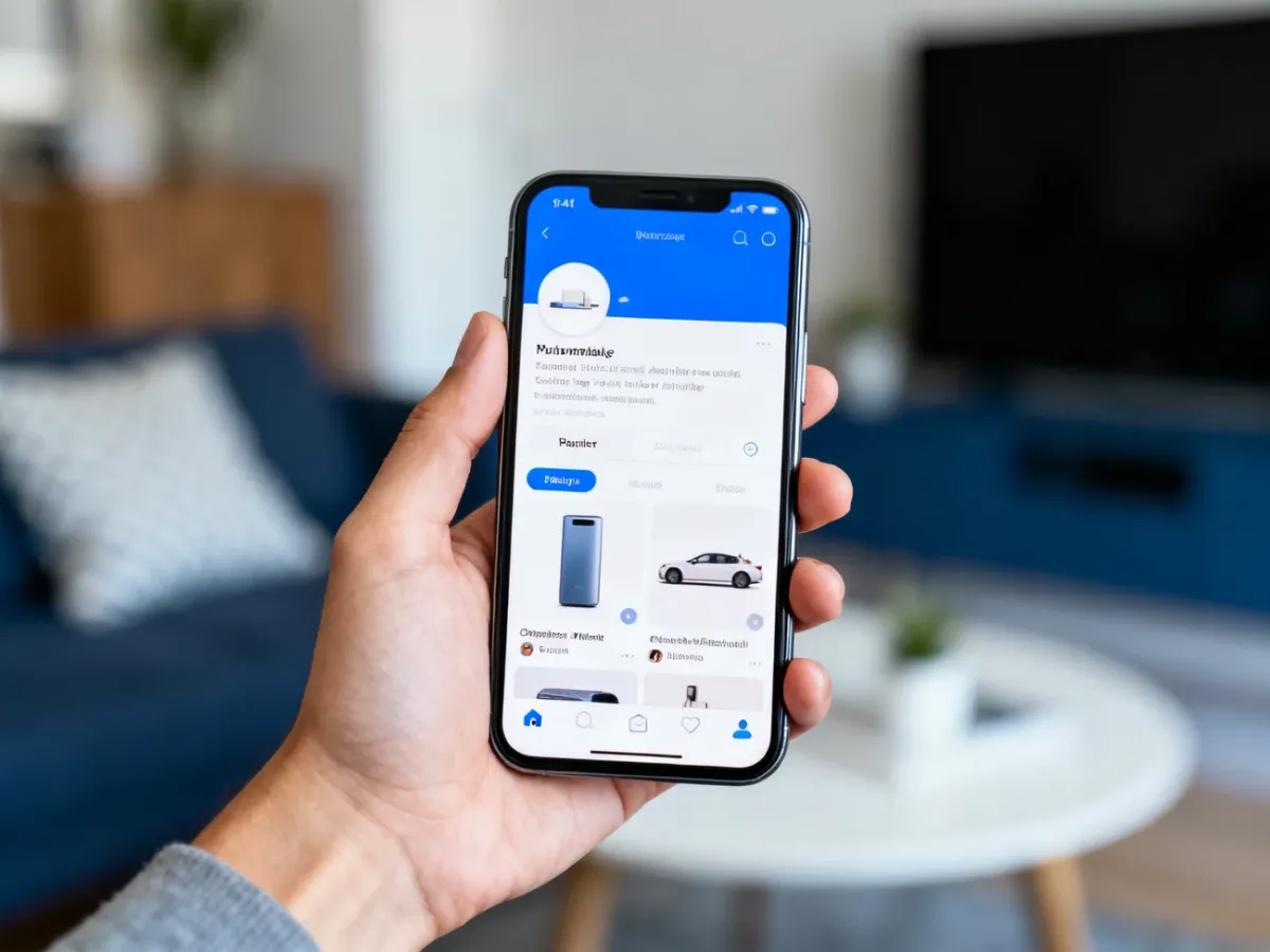 Smartfon z otwartą sekcją marketplace w aplikacji społecznościowej