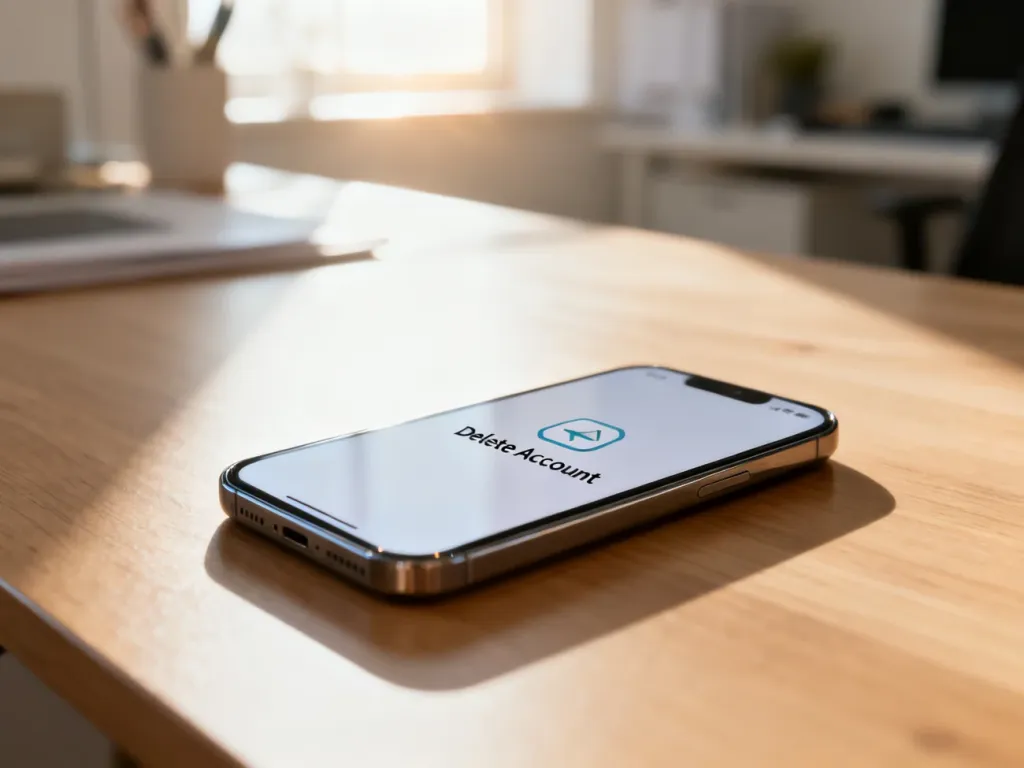 Smartfon leżący na biurku z widoczną na ekranie ikoną usuwania konta w minimalistycznym, profesjonalnym wnętrzu.