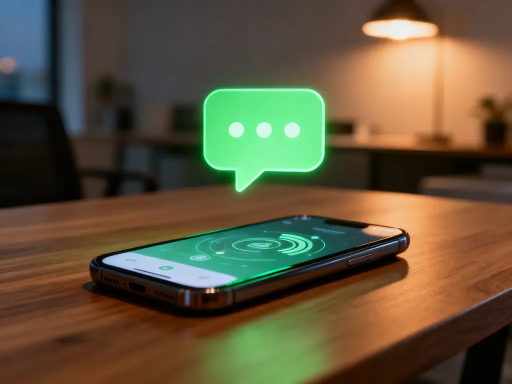 Smartfon na drewnianym biurku z ikoną powiadomienia, symbolizujący sprawdzanie dostępności użytkownika w komunikatorze.