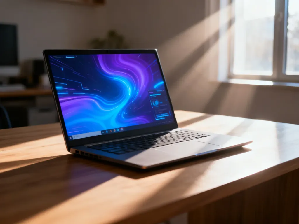 Nowoczesny laptop z futurystycznym interfejsem systemu Windows na minimalistycznym biurku w świetle poranka.
