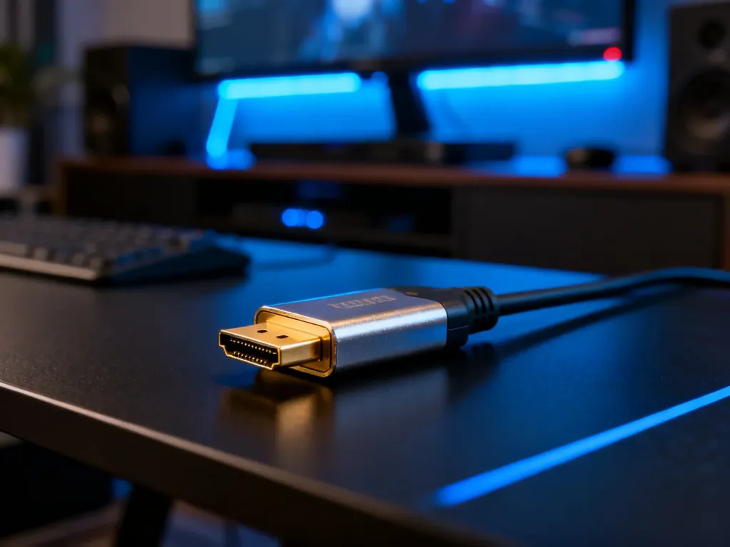 Pozłacana końcówka kabla HDMI na nowoczesnym biurku, podkreślająca wysoką jakość wykonania przewodu.