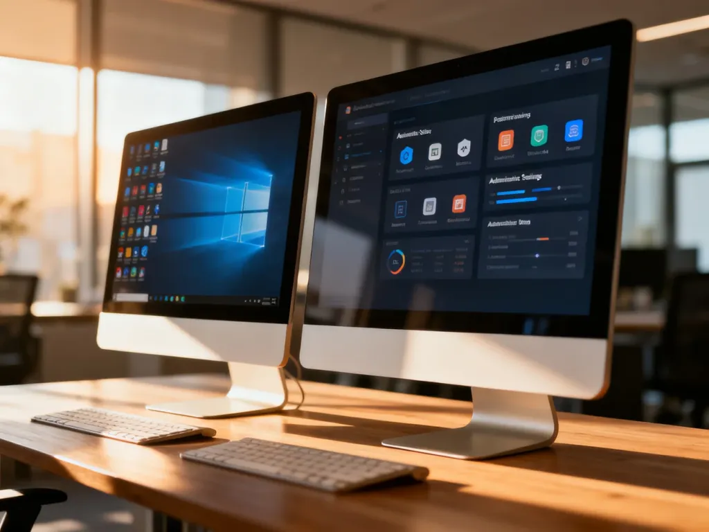 Dwa monitory na biurku: jeden z klasycznym pulpitem, drugi z zaawansowanymi ustawieniami systemowymi Windows.