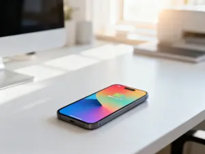 Nowoczesny smartfon z kolorową tapetą leżący na minimalistycznym biurku, prezentujący estetykę systemu iOS 16.