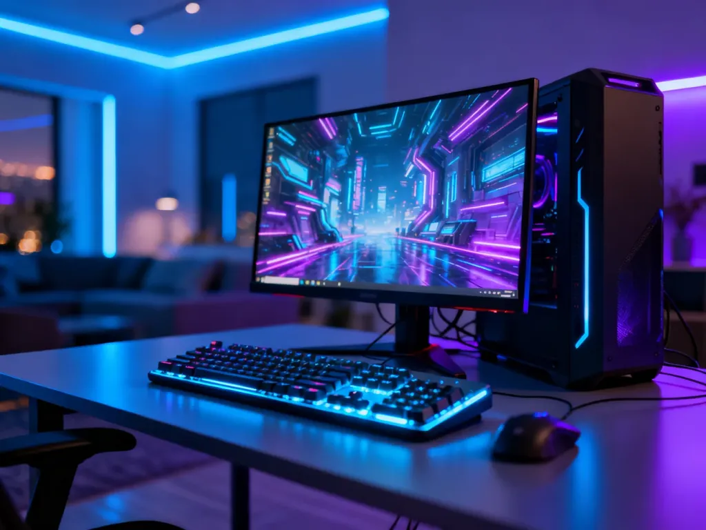 Nowoczesne stanowisko gamingowe z podświetlanym sprzętem i monitorem wyświetlającym grę, idealne do rozgrywki na PC.