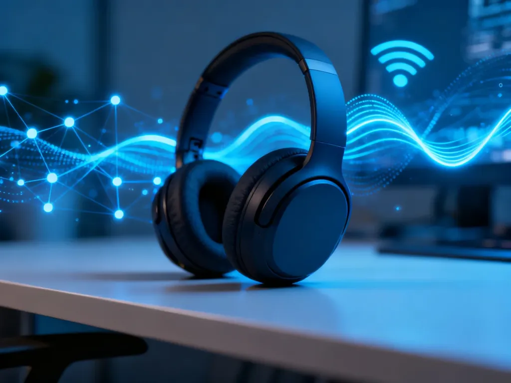 Nowoczesne słuchawki bezprzewodowe na biurku, z tłem wizualizującym cyfrowe połączenie Bluetooth i transmisję danych.
